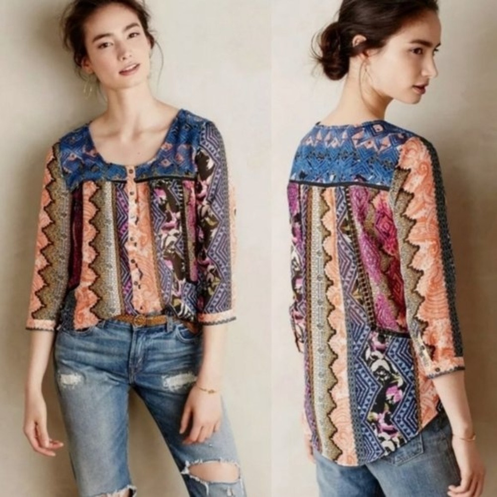 ANTHROPOLOGIE Vanessa Virginia Colorful Embroidered Sheer Boho Henley Blouse 2